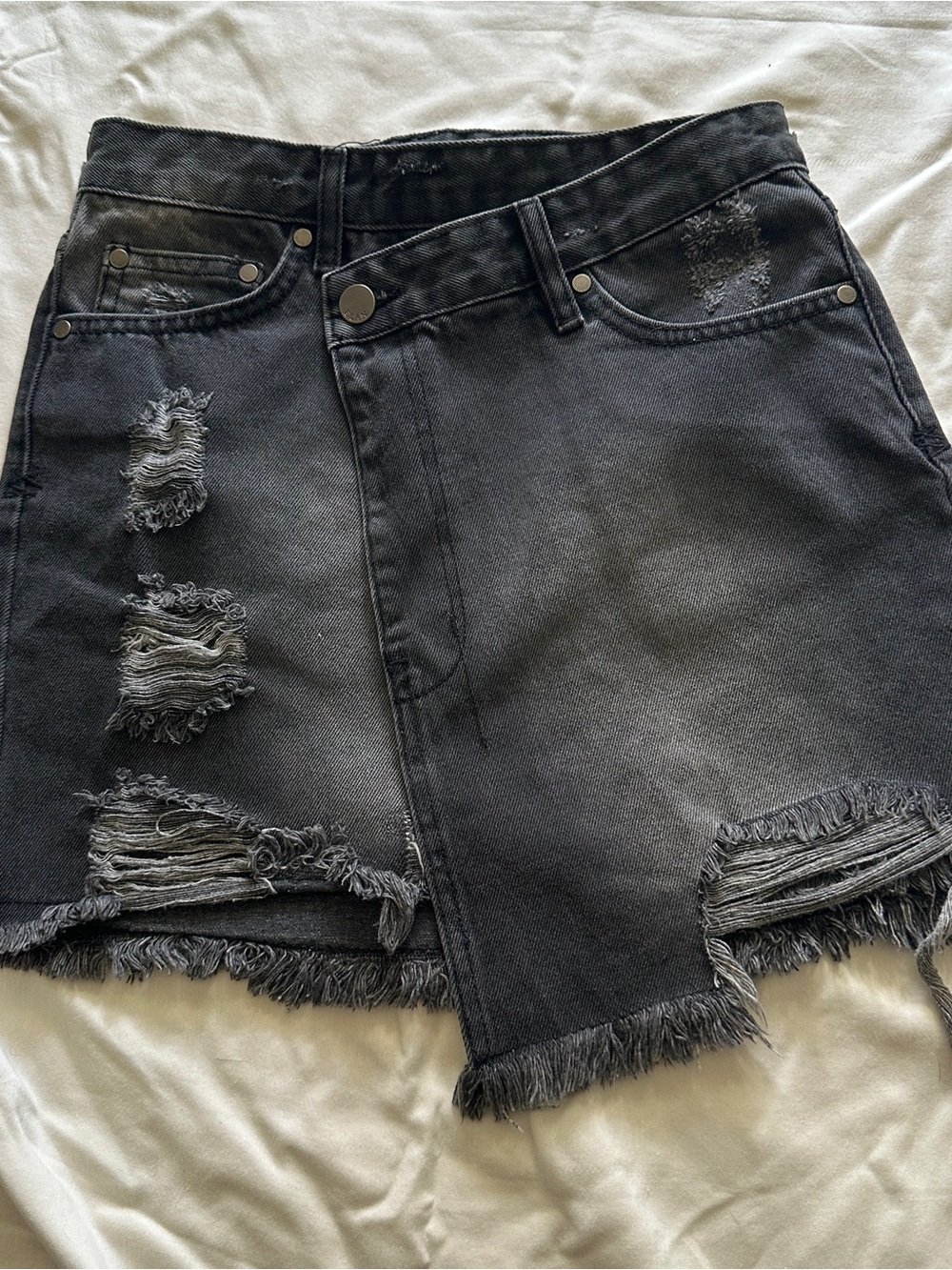 Elan Distressed Asymmetrical Black Denim Skirt